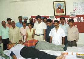 Employees of the Tribune Trust Employee Union donating blood at a special camp held today in Gurgaon