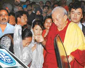 Prof Samdong Rinpoche, Prime Minister of the Central Tibetan Administration, is welcomed by the Tibetan community at Ludhiana railway station on Friday