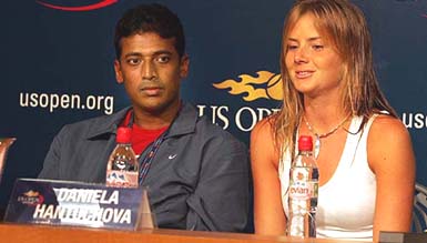Mahesh Bhupathi and Slovakias Daniela Hantuchova at a press conference after winning the US Open mixed doubles title in New York on Thursday