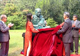 Union Home Minister Shivraj Patil unveils the first-ever statue of Mahatma Gandhi in China at the Chaoyang Park in Beijing on Friday