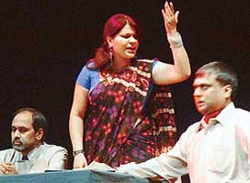 A scene from Ek Sansadiya Samiti ki Uthak Baithak staged at Tagore Theatre, Sector-18, Chandigarh, on Saturday.
