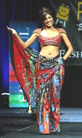 A model showcases An Indian designer's creations during a a fashion show in New York on Saturday