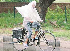 A cyclist devises a novel way of keeping dry after showers lashed Chandigarh on Monday