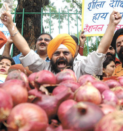 National Akali Dal activists protest against the rising prices of onions in the Capital