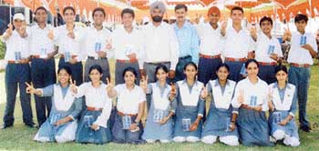 Players of the local Bhartiya Vidya Mandir School who were honoured by the Sarvhitkari Educational Society at Malerkotla on Sunday