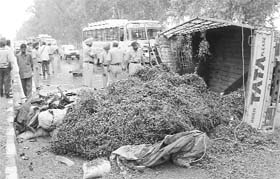 A truck that turned turtle on the Ambala-Rajpura highway