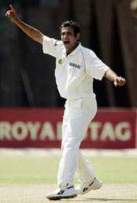 Indias Irfan Pathan successfully appeals for the dismissal of Zimbabwes Terence Duffin during the first days play of the first Test in Bulawayo 