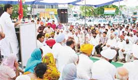 Manish Tiwari, secretary, All-India Congress Committee, addresses a public meeting held in support of the party candidates in Nagar Parishad elections on Friday