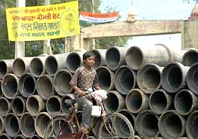 Sewerage pipes placed prominently alongside GT Road in Ward No 1 of Goraya just two days ahead of Nagar Panchayat elections