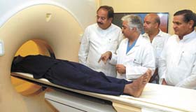 Chairman and Chief Cardiologist of Max Devki Devi Heart & Vascular Institute Ashok Seth gives a demonstration of 64-Slice Ultrafast Cardiac CT Scanner, claimed to be North Indias first such machine
