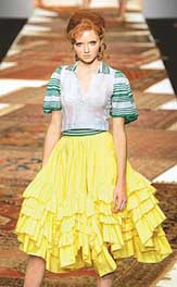 A model wears a dress by Welsh designer Julien MacDonald at his spring/summer 2006 show during the London Fashion Week in London on Sunday.