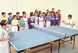 Children play table tennis at The Gurukul, Sector 20, Panchkula