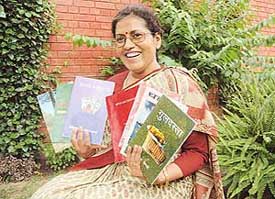 Dr Chetna Vaishnavi with her books at her house in Chandigarh