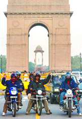 Bikers leaving the India Gate on their way to a motorbike expedition in honour of the Border Road Organisation.