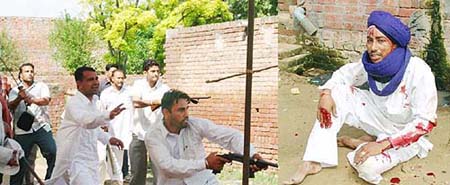Miscreants in action during the Nagar Panchayat poll in Baghapurana on Sunday; (right) An injured SAD worker.