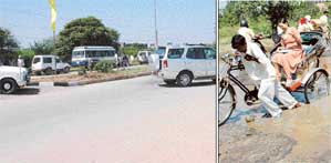 The cavalcade of Gen S.F. Rodrigues (retd) is given a travel route in violation of traffic norms outside the venue of the inauguration of a power substation in Sector 47 in Chandigarh on Monday; (right) the route has been altered because of the pitiable condition of the road dividing Sectors 46 and 47.