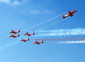Suryakiran team presents a breathtaking formation at Bhisiana Air Force Station near Bathinda on Monday.
