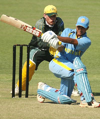Ravi Kant Shukla of India Under-19 plays a shot during the first one-day match against Australia Under-19 at the PCA Stadium in Mohali