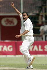 Irfan Pathan appeals for the dismissal of Zimbabwes Blessing Mahwire on the first day of the second Test in Harare on Tuesday