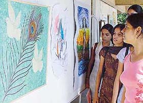 Visitors admire one of the paintings on display during an exhibition Art for Peace at Government Museum and Art Gallery, Sector-10, Chandigarh