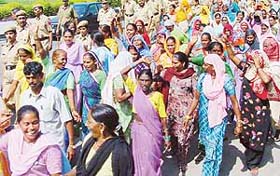 Members of the Gohana Agnikand Dalit Sangharsh Morcha hold a rally in support of their demands in Panchkula