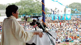 BSP President Mayawati addresses a rally in Ludhiana on Wednesday.