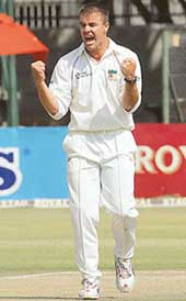 Zimbabwes Heath Streak reacts after dismissing Indias Yuvraj Singh on the second day of the second Test in Harare on Wednesday.