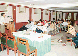 Dr B.S. Chavan, Head of the Psychiatry Department, GMCH, Sector 32, delivers  a talk on drug addiction in Chandigarh on Thursday.