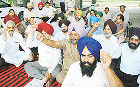 Punjab School Education Board employees protest in Mohali on Thursday.