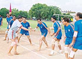 A match in progress during the seventh Inter-Central Power Sector Undertaking Kabaddi Tournament being played at the Football Stadium, Sector 17, on Friday.