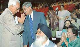 Mr N. N. Vohra, Tribune trustee, a former Army chief, Gen V. P. Malik, and former Chief Minister of Punjab Parkash Singh Badal at the inaugural session of the 125th anniversary celebrations of The Tribune
