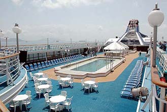 A view of the deck with a swimming pool on the Superstar Libra berthed in Mumbai port on Sunday.  The Superstar Libra becomes the first luxury liner to offer cruises of the Indian waters and operates out of Mumbai port.