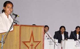 A participant puts across her point of view at the Frank Anthony Memorial All-India Inter-School Debate 2005 at St Stephens School, Sector 45, in Chandigarh