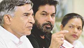 Local MP Pawan Bansal makes a point during a press conference in Chandigarh