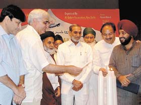 Delhi ministers Haroon Yusuf, Dr A.K. Walia, Arvinder Singh Lovely along with Salman Khurshid and Sajjan Kumar at the inauguration of a seminar on Education and Hazrat Ali at the FICCI Auditorium in the Capital