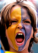 A Swedish fan cheers for his team before the start of the Davis Cup World Group playoff tie between Thomas Johansson of Sweden and Rohan Bopanna of India, in New Delhi Sunday