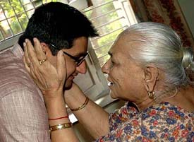 Deepender Singh Hooda, MP candidate from the Rohtak constituency being blessed by his grandmother before leaving home for campaigning