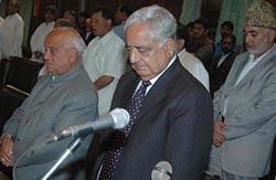 Jammu and Kashmir Chief Minister Mufti Mohammad Sayeed and Deputy Chief Minister Mangat Ram Sharma along with other members of the Assembly, pay tributes to legislators who had died during this year, in the state Assembly in Srinagar on Monday. 