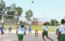 A match between A S Senior School, Khanna, and Harsh Vidya Mandir Day Boarding School in progress on the first day of the Ludhiana District Volleyball Championship on Monday