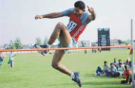 An athlete in action during the Northern Railway Athletics Championship being held in Ambala on Monday.