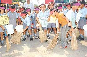Students of Dikshant International School during a cleanliness drive in Sector 7, Panchkula