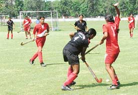 A hockey match in progress in the 51st Punjab State Inter-District School Games in Ludhiana