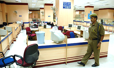 A deserted branch of the State Bank of India during the one-day strike called by trade unions to protest against the economic reform policies of the Union Government in the Capital on Thursday