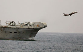 A Sea Harrier takes off from the aircraft carrier INS Viraat during the joint exercise between India and the US near Goa on Thursday. Aircraft carriers, frigates and submarines from the Indian and US navies participated in the second phase of the joint exercises that started on Thursday.