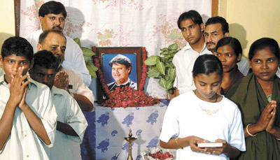 Mentally-challenged children of Nirmal Hardey praying on the fourth death anniversary of Madhav Rao Scindia in the Captial on Friday