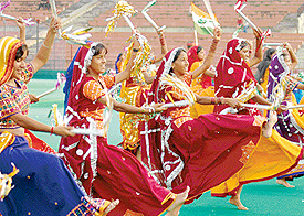 KV students of Ambala during the rehearsal for the inauguration of the 36th Kendriya Vidyalaya sports meet in Chandigarh on Sunday.