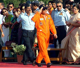 Air Chief Marshal S.P. Tyagi after making a sky diving national record, at Hindon Air Force base, near New Delhi, on Sunday evening