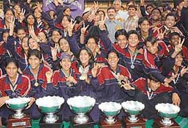 Winners of the overall trophy of the Delhi region in a jubilant mood at the 36th Kendriya Vidyalaya Sangathan National Sports Meet at Sector 42, Chandigarh