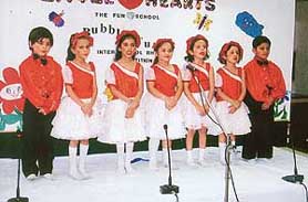Students participate in a rhyme competition at Little Hearts in Chandigarh on Thursday.