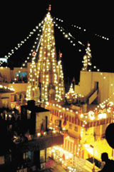 Santoshi Mata Temple at Hari Nagar is lit up on the occasion of Navratra on Tuesday